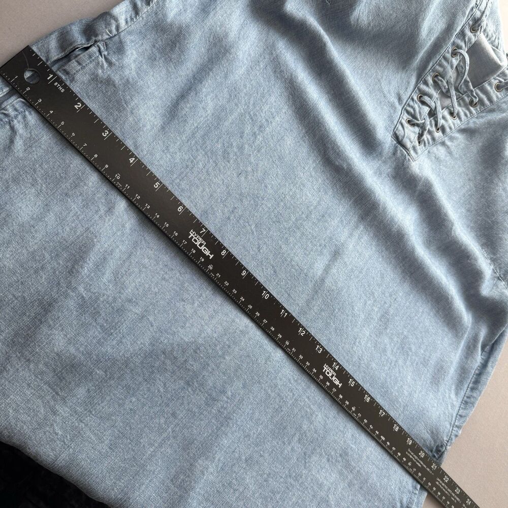 Philosophy Shift Dress L Blue Chambray Lace Up Boho Coastal Lagenlook - Picture 14 of 15